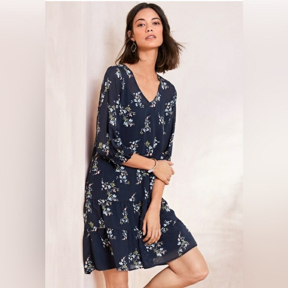 Garnet Hill Dress Mini Tiered Silk Navy Floral Size 2